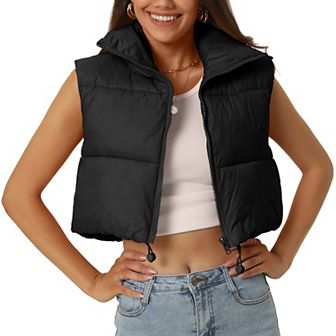 Women's Padded Vest High Stand Collar Lightweight Zip Crop Jacket Puffer Vest