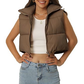 Women's Padded Vest High Stand Collar Lightweight Zip Crop Jacket Puffer Vest