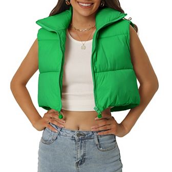 Women's Padded Vest High Stand Collar Lightweight Zip Crop Jacket Puffer Vest