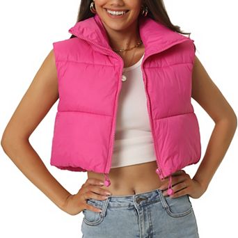 Women's Padded Vest High Stand Collar Lightweight Zip Crop Jacket Puffer Vest