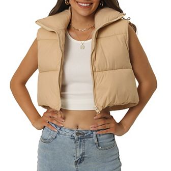Women's Padded Vest High Stand Collar Lightweight Zip Crop Jacket Puffer Vest