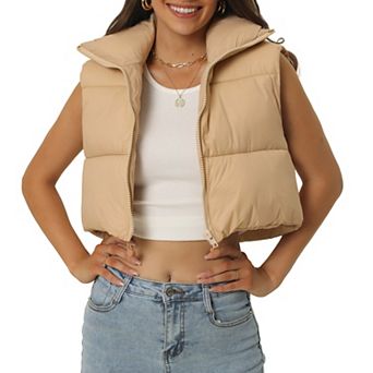 Women's High Stand Collar Lightweight Zip Outerwear Cropped Puffer Vest
