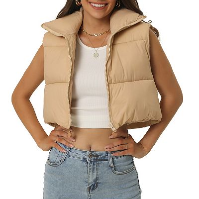Women's Padded Vest High Stand Collar Lightweight Zip Crop