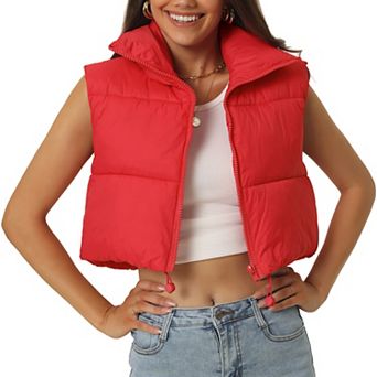 Women's Padded Vest High Stand Collar Lightweight Zip Crop Jacket Puffer Vest