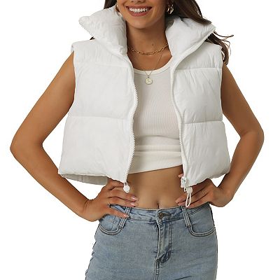 【U LAN】Haen crop hooded vest padded jacket Gihuo Women's Puffer Vest Zip Up Quilted Padded Winter