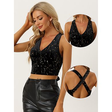 Women's Velvet Cropped Top Sleeveless Crisscross Back Party Blouse