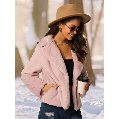 Women's Fasion Winter Cropped Jacket Notch Lapel Long Sleeve Faux Fur Fluffy Coat