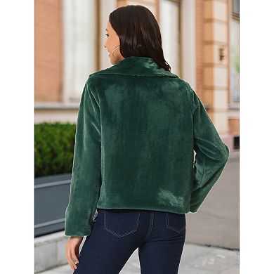 Women's Fasion Winter Cropped Jacket Notch Lapel Long Sleeve Faux Fur Fluffy Coat