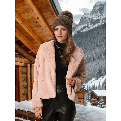 Women's Fasion Winter Cropped Jacket Notch Lapel Long Sleeve Faux Fur Fluffy Coat