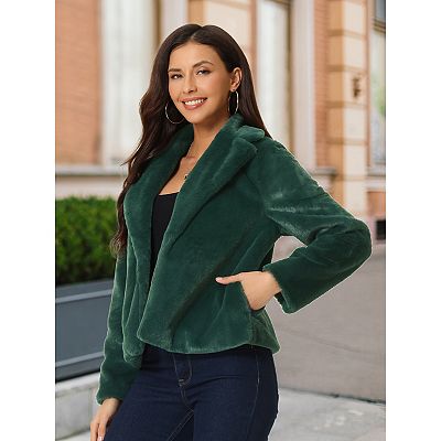 Women's Fasion Winter Cropped Jacket Notch Lapel Long Sleeve Faux