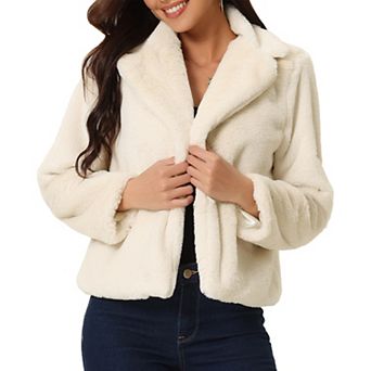 Women's Fasion Winter Cropped Jacket Notch Lapel Long Sleeve Faux Fur Fluffy Coat