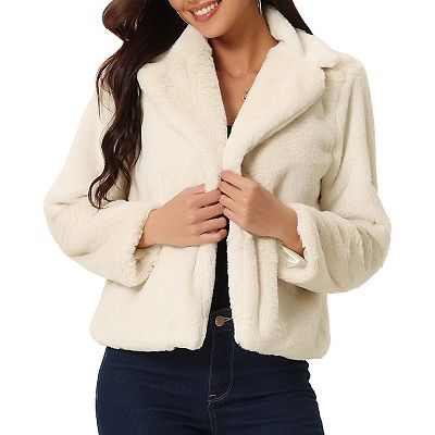 Women's Fasion Winter Cropped Jacket Notch Lapel Long Sleeve Faux Fur  Fluffy Coat