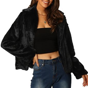 Women's Fasion Winter Cropped Jacket Notch Lapel Long Sleeve Faux Fur Fluffy Coat