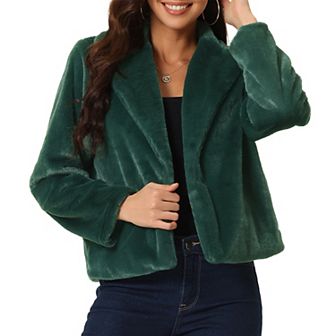 Women's Fasion Winter Cropped Jacket Notch Lapel Long Sleeve Faux Fur Fluffy Coat