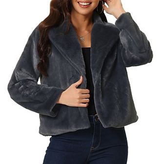 Women's Fasion Winter Cropped Jacket Notch Lapel Long Sleeve Faux Fur Fluffy Coat