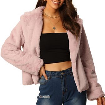 Women's Fasion Winter Cropped Jacket Notch Lapel Long Sleeve Faux Fur Fluffy Coat