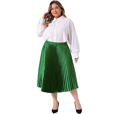Plus Size Pleated Skirt for Women Stretched High Waist Metallic Shiny Midi Skirts