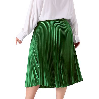 Plus Size Pleated Skirt for Women Stretched High Waist Metallic Shiny Midi Skirts