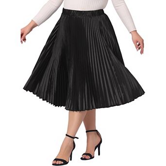 Plus Size Pleated Skirt for Women Stretched High Waist Metallic Shiny Midi Skirts