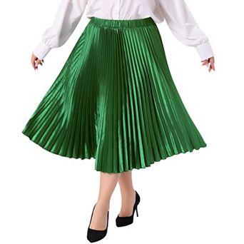 Plus Size Pleated Skirt for Women Stretched High Waist Metallic Shiny Midi Skirts
