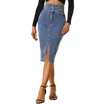 Casual Denim Skirt For Women's High Waist Split Hem Midi Jean Pencil Skirts