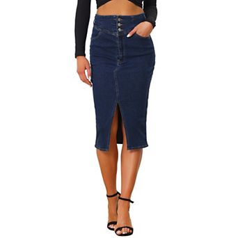 Casual Denim Skirt For Women's High Waist Split Hem Midi Jean Pencil Skirts