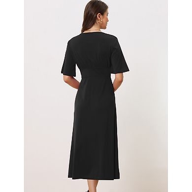 Deep V Neck Women's Short Sleeve A Line Swing Flared Midi Dress