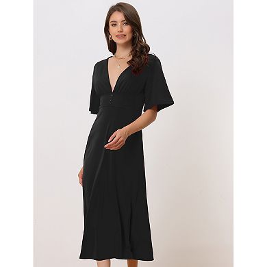 Deep V Neck Women's Short Sleeve A Line Swing Flared Midi Dress