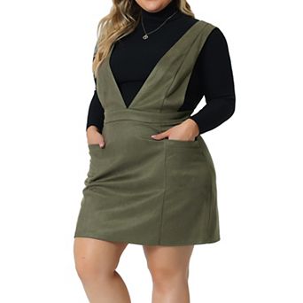 Plus Size Overall Dress for Women Faux Suede V Neck Wide Strap Suspender Pockets Pinafore Mini Skirt