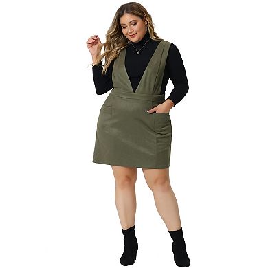 Plus Size Overall Dress for Women Faux Suede V Neck Wide Strap Suspender Pockets Pinafore Mini Skirt