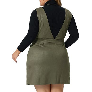 Plus Size Overall Dress for Women Faux Suede V Neck Wide Strap Suspender Pockets Pinafore Mini Skirt