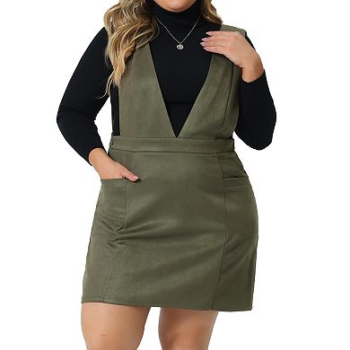 Plus Size Overall Dress for Women Faux Suede V Neck Wide Strap Suspender Pockets Pinafore Mini Skirt