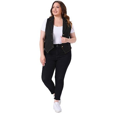 Plus Size Denim Vest for Women Sleeveless Lapel Casual Lightweight Buttons Jackets