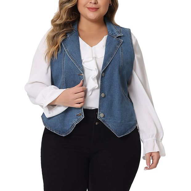 Plus Size Denim Vest For Women Sleeveless Lapel Casual Lightweight Buttons Jackets