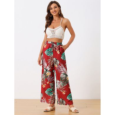 Women's Boho Floral High Waist Drawstring Tropical Wide Leg Pants