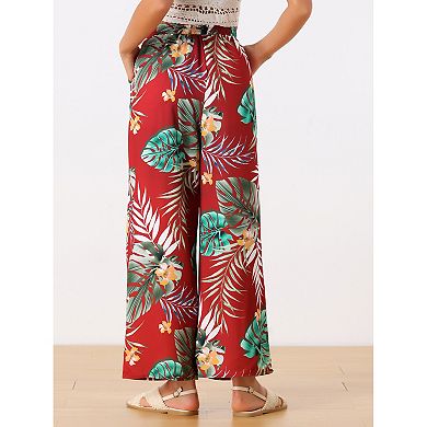 Women's Boho Floral High Waist Drawstring Tropical Wide Leg Pants