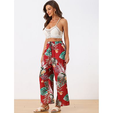 Women's Boho Floral High Waist Drawstring Tropical Wide Leg Pants