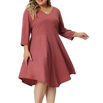 Plus Size Midi Dress for Women V Neck 3/4 Sleeve Casual Swing Loose A-Line Dresses