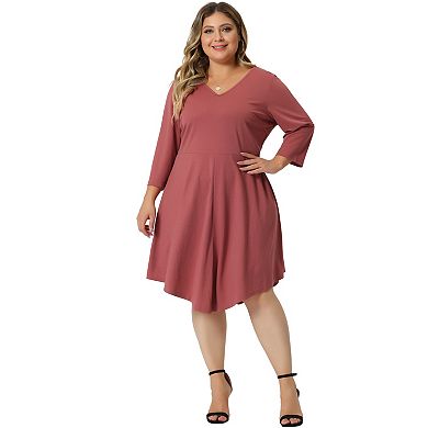 Plus Size Midi Dress for Women V Neck 3/4 Sleeve Casual Swing Loose A-Line Dresses