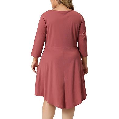 Plus Size Midi Dress for Women V Neck 3/4 Sleeve Casual Swing Loose A-Line Dresses