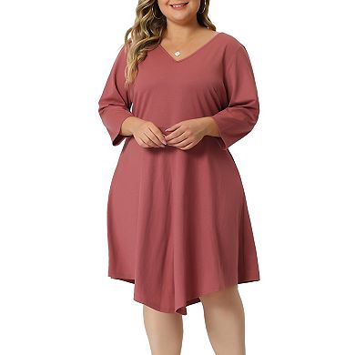 Plus Size Midi Dress for Women V Neck 3/4 Sleeve Casual Swing Loose A-Line Dresses