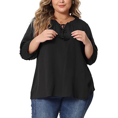 Plus Size Tops For Women Tie Neck Tassel Self Flutter Half Sleeve Blouses Tops