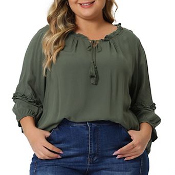 Plus Size Tops For Women Tie Neck Tassel Self Flutter Half Sleeve Blouses Tops