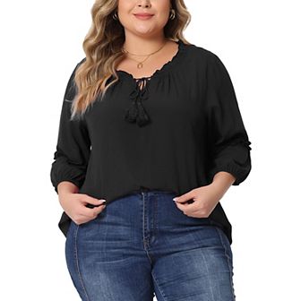 Plus Size Tops For Women Tie Neck Tassel Self Flutter Half Sleeve Blouses Tops