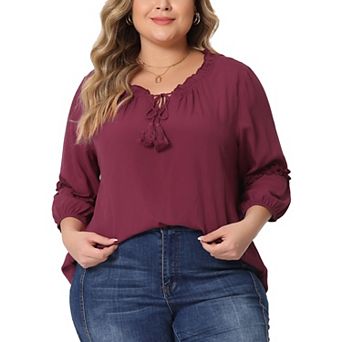 Plus Size Tops For Women Tie Neck Tassel Self Flutter Half Sleeve Blouses Tops