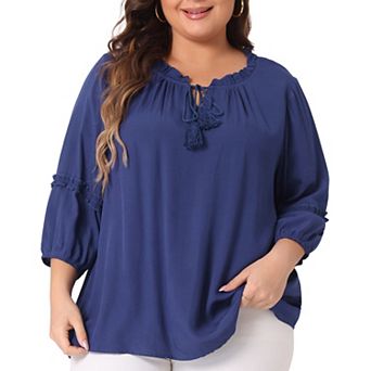 Plus Size Tops for Women Tie Neck Tassel Self Flutter Half Sleeve Blouses Tops