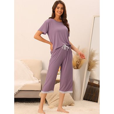 Womens Modal Loose Summer Pajama Set Lace Trim Short Sleeve Carpri ...