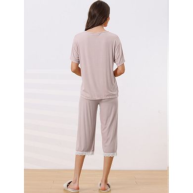 Womens Modal Loose Summer Pajama Set Lace Trim Short Sleeve Carpri Sleepwear
