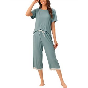 Womens Modal Loose Summer Pajama Set Lace Trim Short Sleeve Carpri Sleepwear