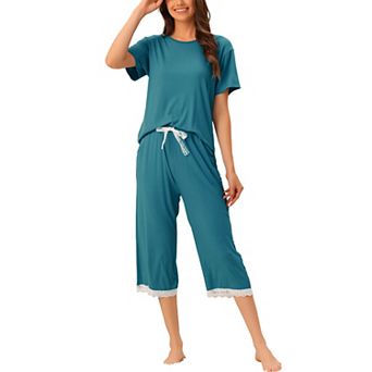 Women's Modal Loose Summer Pajama Set Lace Trim Short Sleeve Carpri Sleepwear